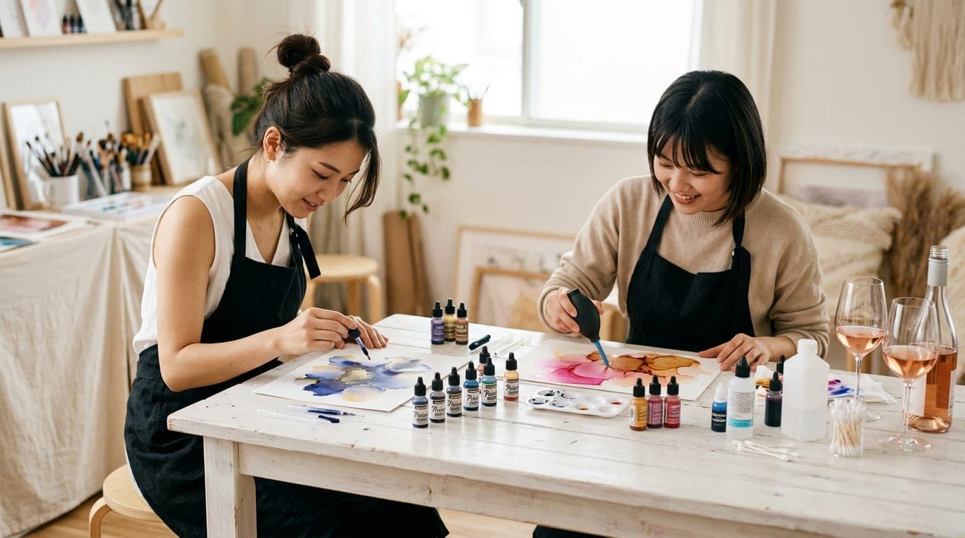 Alcohol Ink Art Classes with Wine paint and sip class at Artbar Tokyo