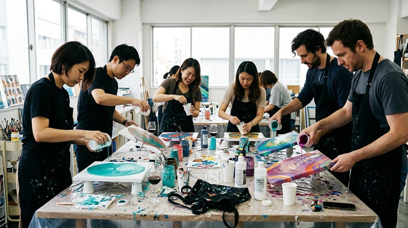 Paint Pouring Classes with Wine paint and sip class at Artbar Tokyo