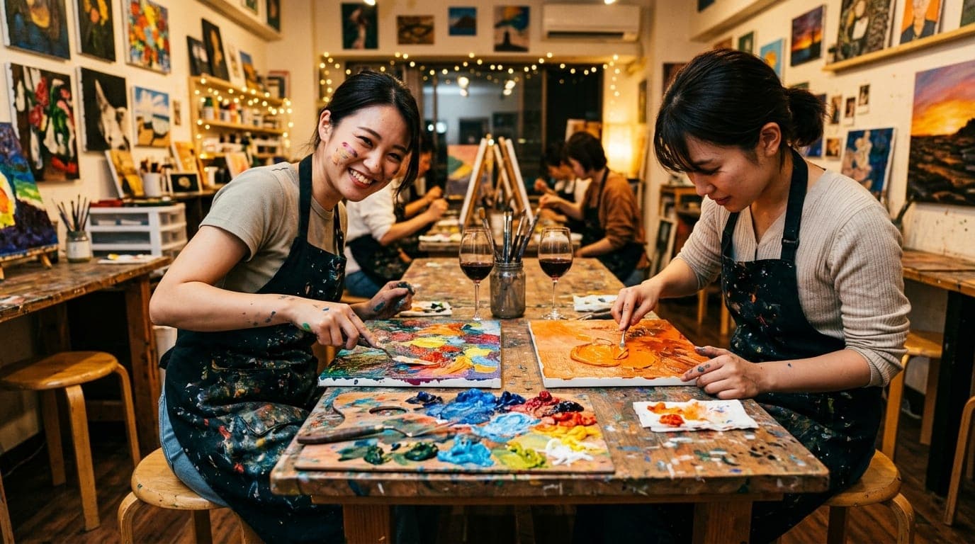 Texture Painting Classes with Wine paint and sip class at Artbar Tokyo