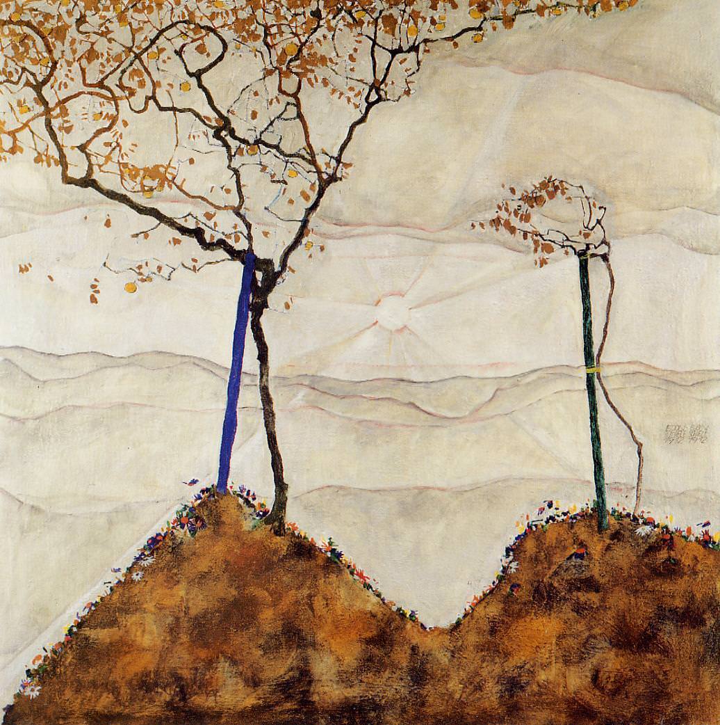 "Autumn Sun and Trees", Egon Schiele, 1914, Oil on canvas, Private CollectionAn expressive depiction of autumn by Egon Schiele, featuring vivid colors and dynamic lines. The painting conveys the fleeting transition of the season, capturing both warmth and impending chill.