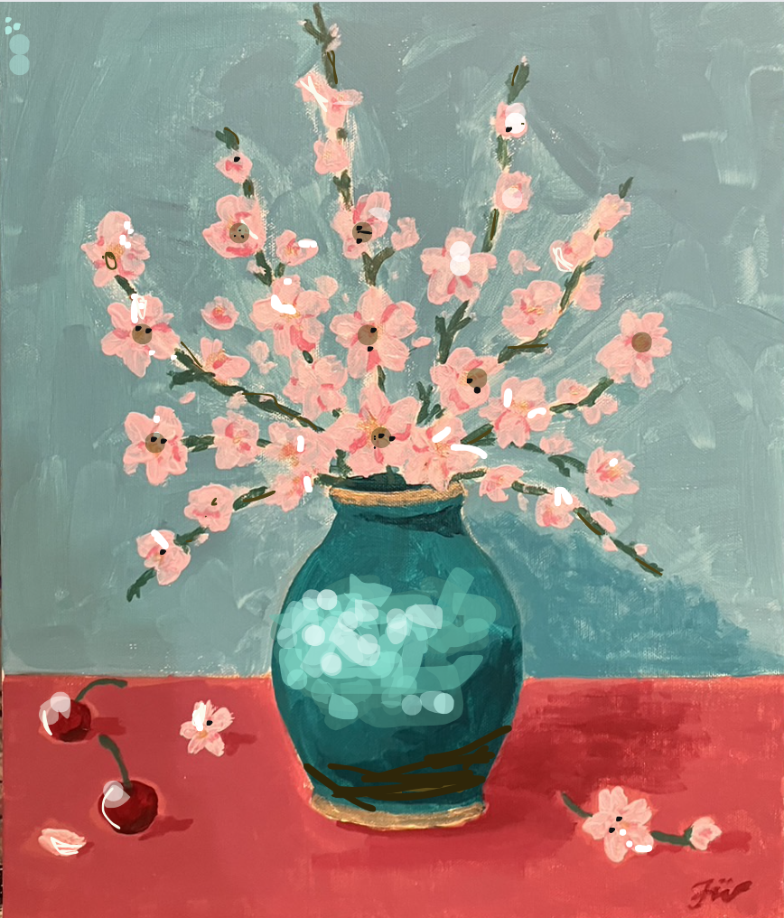 緑の花瓶の桜 Sakura in Green Vase – Artbar Tokyo – Paint and Wine