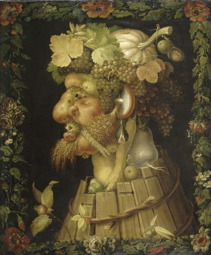 "Autumn", Giuseppe Arcimboldo, 1573, Oil on canvas, Kunsthistorisches Museum (Vienna)A portrait made from various autumnal elements like fruits, vegetables, and leaves, created by Giuseppe Arcimboldo in 1573. The painting merges nature with human form in a surreal and symbolic composition.