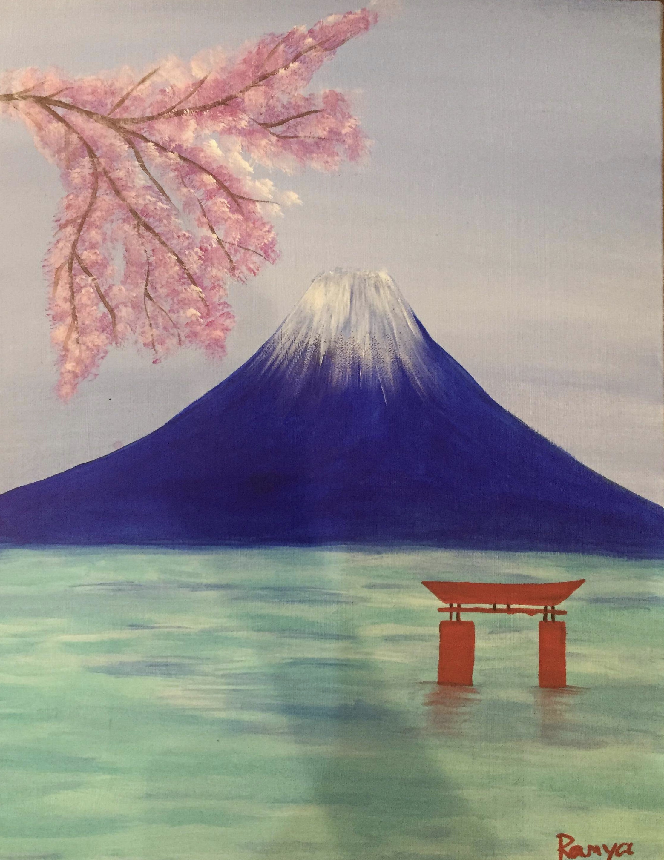 富士山 Mt Fuji with Red Torii Artbar Tokyo Paint and Wine Studio Let