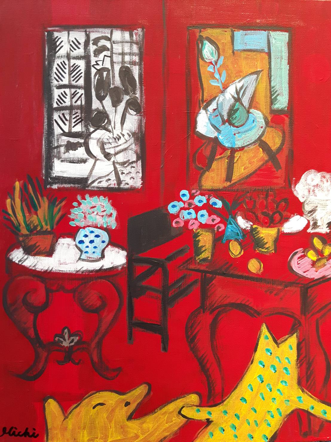 アンリ・マティス(Henri Matisse)、【室内，花とインコ】-
