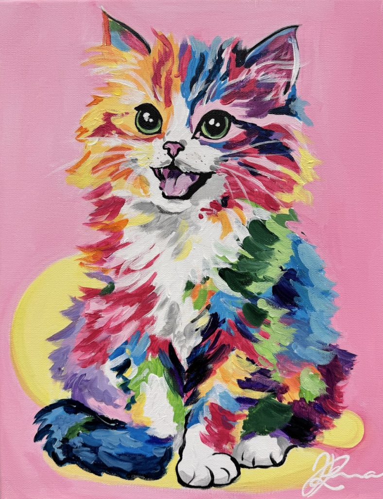 絵画。原画☆キャンバスF20【猫ちゃんたちは楽しくワインパーティーに参加します】 絵画。原画手描き【かわいい猫ちゃんたちの花、ワイン