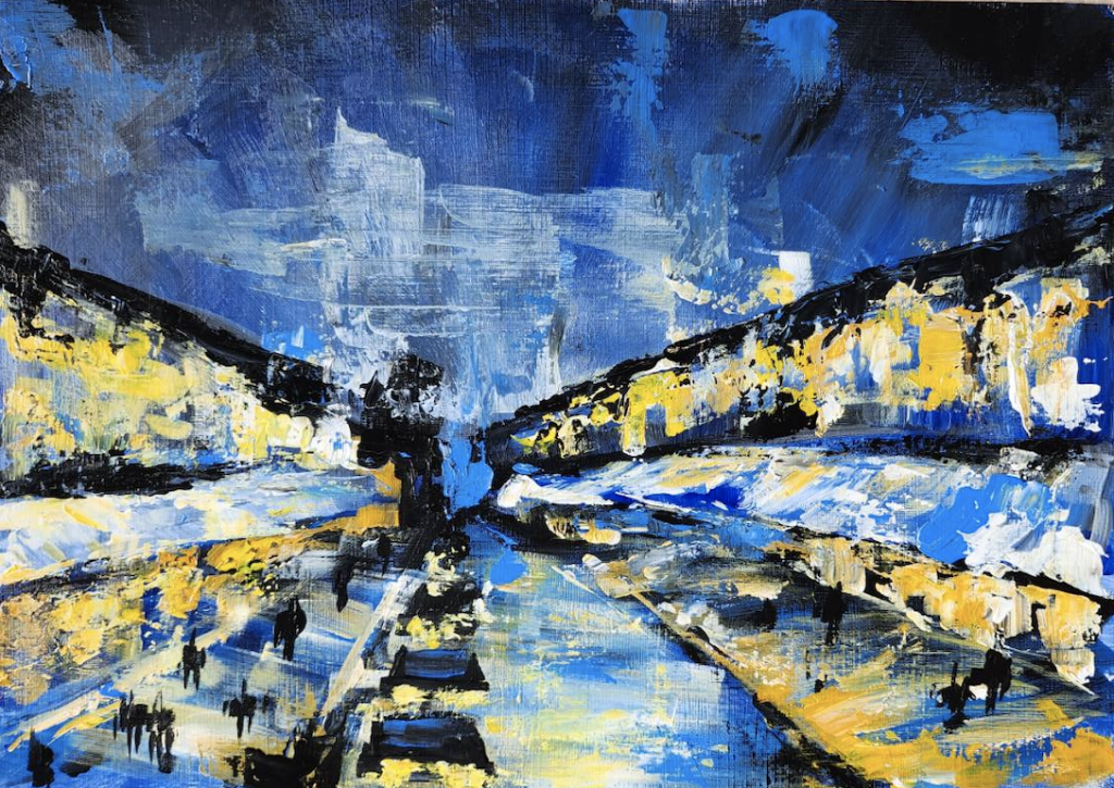 パレットナイフを使った夜のモンマルトル大通りPalette Knife The Boulevard Montmartre at Night –  Artbar Tokyo – Paint and Wine Art Studio: Let Your Creativity and the Wine  Flow!