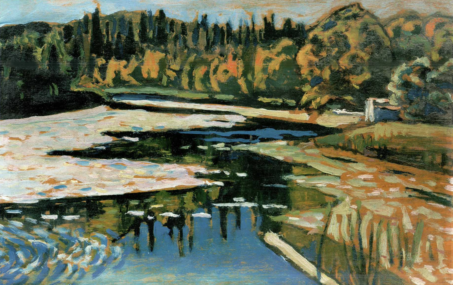 "Autumn River", Wassily Kandinsky, 1911, Oil on canvas, The State Tretyakov Gallery (Moscow)An abstract painting by Wassily Kandinsky, Autumn River uses vibrant colors and swirling forms to evoke the flowing movement of a river during autumn, reflecting Kandinsky's exploration of color and emotional expression.