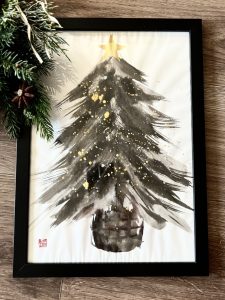 墨絵のクリスマスツリー Sumi Christmas Tree w/ Frame and Postcards