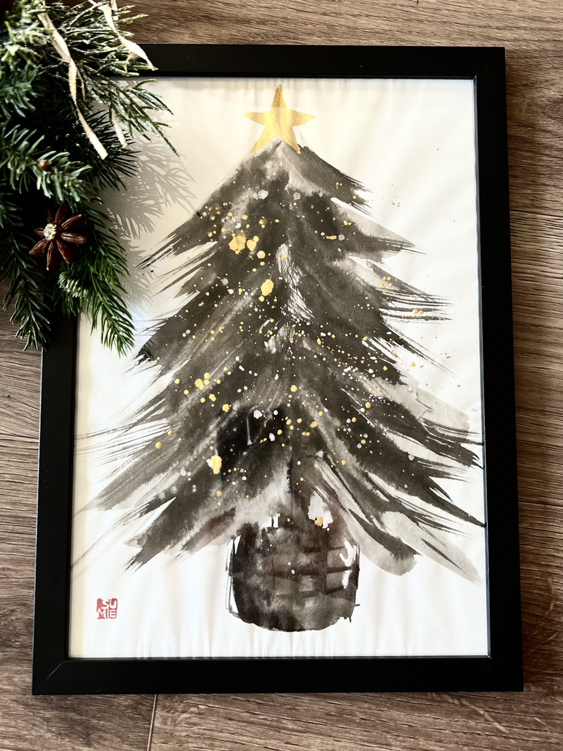 墨絵のクリスマスツリー Sumi Christmas Tree w/ Frame and Postcards 