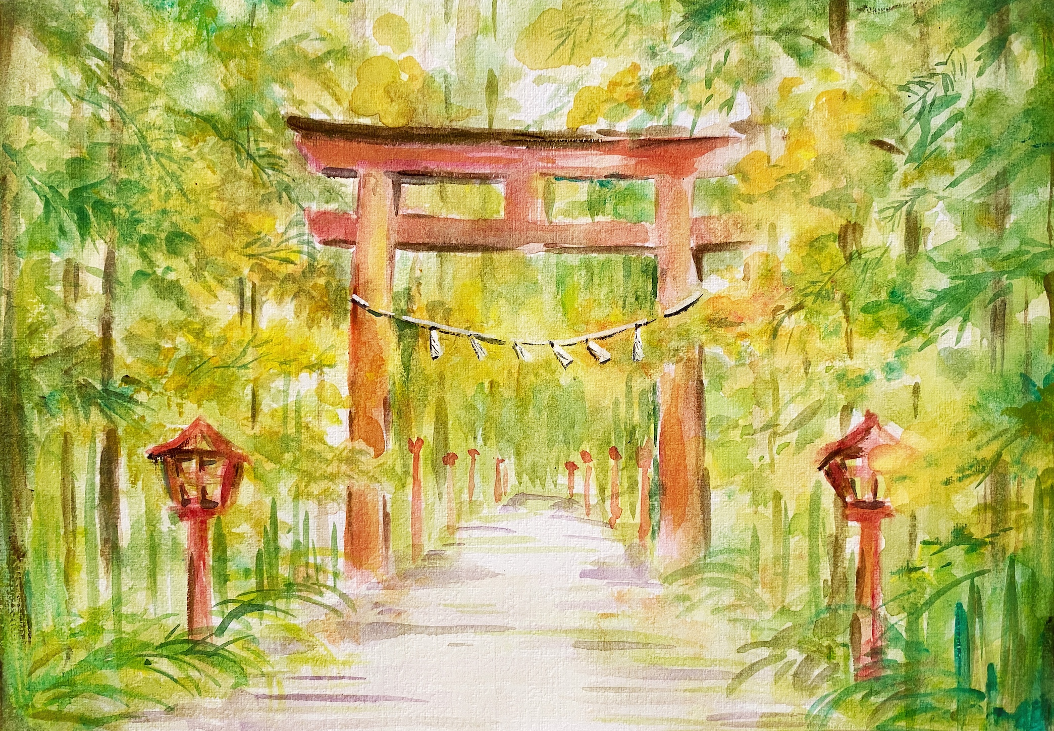 水彩絵 公園の鳥居 Watercolor Torii In The Park Artbar Tokyo Paint And Wine Art Studio Let Your Creativity And The Wine Flow