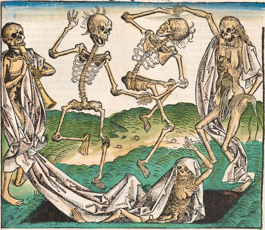 Woodcut illustration depicting the Danse Macabre, featuring skeletal figures leading the living in a dance, symbolizing the inevitability of death and the unity of all people in mortality.