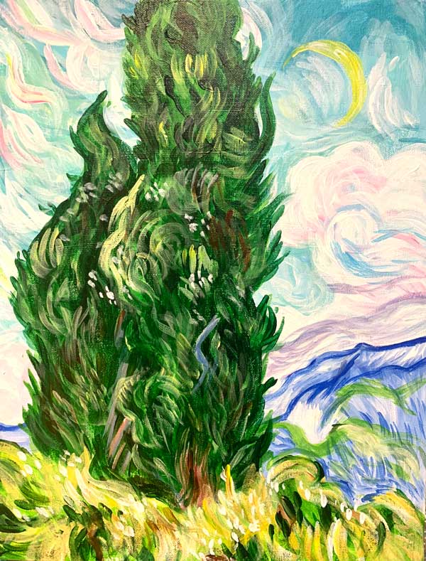ゴッホ糸杉 Van Gogh Cypresses – Artbar Tokyo – Paint and Wine Art
