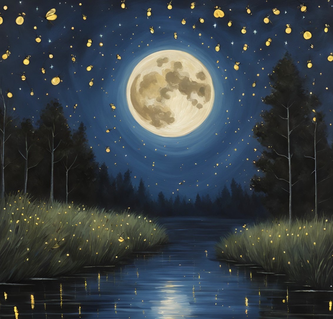 スーパームーン　青い薔薇と天使の絵 夜空に輝くラインストーンの星座 Night Sky with Shimmering